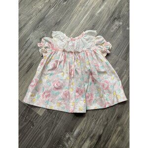 Vintage Girls Dress 12 Months Party Floral Pink Blue Bib Lace Flower 80s 90s